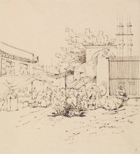 Straßenszene mit Händlern, die Waren verkaufen von George Chinnery