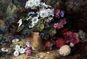 Stillleben mit Pelargonien in einem Topf und Kamelien von George Clare