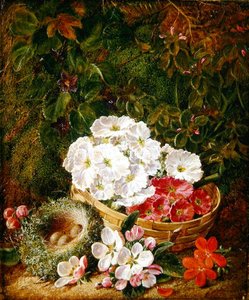 Stillleben mit Vogelnest, Primeln im Korb und Apfelblüten von George Clare