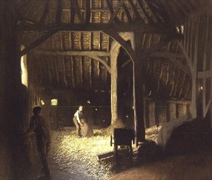 Scheuneninneres mit arbeitenden Jungen von George Clausen