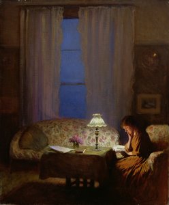 Lesen bei Lampenlicht (Dämmerung: Innenansicht) von George Clausen