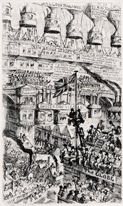 Eine malthusianische Ansicht eines überfüllten Londons, England, der Zukunft, nach den Schriften von Thomas Malthus von George Cruikshank