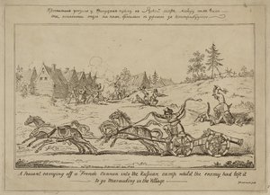 Ein Bauer trägt eine französische Kanone ins russische Lager, während der Feind plündernd im Dorf war, veröffentlicht am 8. Juni 1813