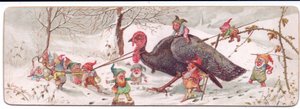Eine viktorianische Weihnachtskarte einer Gruppe bösartiger Elfen, die einen gefangenen Truthahn führen, ca. 1895 von George Cruikshank