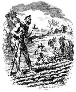 Ein Riese steht auf einem Feld, während ein Bauer pflügt, 19. Jahrhundert von George Cruikshank