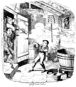 Ein Mann erschießt einen Jungen, den er des Diebstahls verdächtigt, 19. Jahrhundert von George Cruikshank