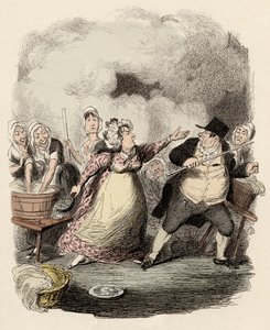 Im Hospiz wird Monsieur Bumble von seiner Frau, Madame Corney, schwer zurückgewiesen - Mr Bumble in den Augen der Armen erniedrigt - Illustration für „Oliver Twist“ (Die Abenteuer von Oliver Twist) von Charles Dickens (1812-1870), von George Cruikshank von George Cruikshank
