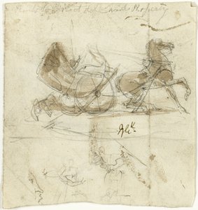Karikatur von Selbst (recto); Kutsche von einem Pferd geworfen, mit anderen Skizzen (verso) von George Cruikshank