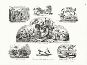 Karikaturen von George Cruikshank zum Thema übergroße Damenhüte