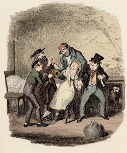 Fagin, Charley Bates, Kikes und Dawkins beleben Nancy wieder - Illustration für „Oliver Twist“ von Charles Dickens (1812-1870) von George Cruikshank