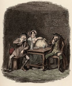 Fagin macht Geschäfte mit Morris Bolter, alias Noe Claypole, und Charlotte - Der Jude und Morris Bolter beginnen sich zu verstehen - Illustration für "Oliver Twist" (Die Abenteuer von Oliver Twist) von Charles Dickens (1812-1870), von George von George Cruikshank