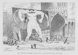 Guy Fawkes klassisch behandelt, ein nicht ausgestellter Cartoon (Stich) von George Cruikshank
