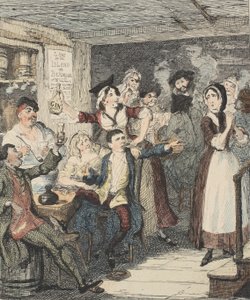 Jack Sheppard betrinkt sich und weist seine Mutter ab, Illustration aus Jack Sheppard: Eine Romanze von William Harrison Ainsworth, veröffentlicht 1839 (handkolorierte Radierung)