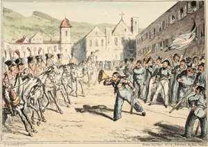 Jacks Trompete der Herausforderung, aus Greenwich Hospital, eine Serie von Marine-Skizzen, die das Leben eines Kriegsschiffsmannes beschreiben, veröffentlicht 1826 (handkolorierte Gravur) von George Cruikshank