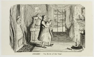 Januar - Die Geburt des Jahres aus George Cruikshanks Stahlradierungen zu The Comic Almanacks: 1835-1853 von George Cruikshank