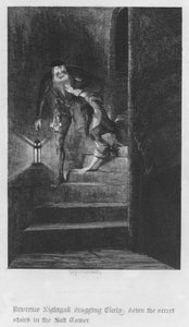 Lawrence Nightgall zieht Cicely die geheimen Treppen im Salzturm hinunter (Gravur) von George Cruikshank