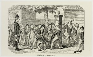 März - Regnerisch aus George Cruikshanks Stahlradierungen zu The Comic Almanacks: 1835-1853