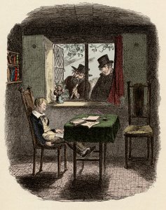 Monks und Fagin beobachten Oliver, der in der Maylie-Bibliothek schläft - Illustration für „Oliver Twist“ von Charles Dickens, von George Cruikshank von George Cruikshank