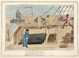 Mr. B auf der Mittelwache - kalt weht der Wind und der Regen setzt ein, aus Der Fortschritt eines Seekadetten, veröffentlicht 1835