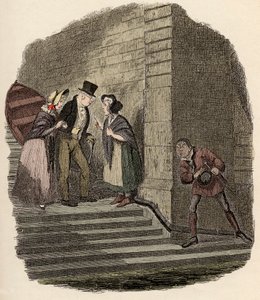 Noe Claypole spioniert das geheime Treffen zwischen Mr. Brownlow, Rose Maylie und Nancy aus - Illustration für „Oliver Twist“ von Charles Dickens, von George Cruikshank