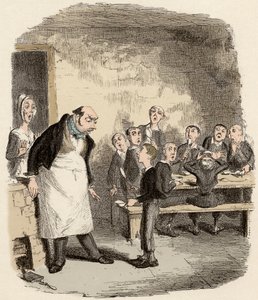 Oliver soll den Aufseher des Kinderhospizes um zusätzliches Essen bitten - Illustration für „Oliver Twist“ von Charles Dickens (1812-1870) von George Cruikshank
