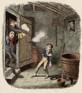 Oliver überrascht und verwundet beim Einbruchsversuch - Der Einbruch - Illustration für „Oliver Twist“ (Olivier) (Die Abenteuer von Oliver Twist) von Charles Dickens (1812-1870), von George Cruikshank (1792-1878)