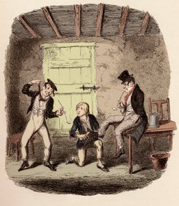 Oliver wachst die Schuhe des Fuchses, während Charley Bates die Gefahren des Hängens erklärt - Illustration für „Oliver Twist“ von Charles Dickens, von George Cruikshank von George Cruikshank