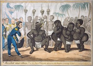 "Verwirrt, welche zu wählen!! oder Der König von Tombuctoo bietet eine seiner Töchter zur Heirat an Kapitän", nach Kapitän E. Judel, veröffentlicht von G. Humphrey