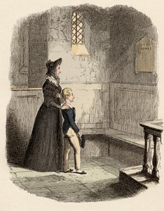 Rose Maylie und Oliver vor der Gedenktafel von Agnes, ihrer Schwester und Mutter - Illustration für „Oliver Twist“ von Charles Dickens, von George Cruikshank von George Cruikshank