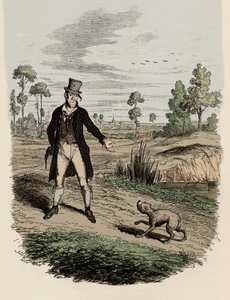 Sikes versucht, seinen Hund zu verlassen - Illustration für „Oliver Twist“ von Charles Dickens (1812-1870), von George Cruikshank (1792-1878) von George Cruikshank