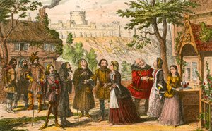 Sir John Falstaff besucht seinen Freund Page in Windsor von George Cruikshank
