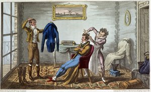 Schneider und Friseur zu Hause - in „Life in Paris“ von David Carey, ill. von George Cruikshank, ed. Fairburn, London