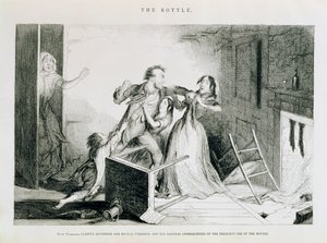 Die Flasche, Platte VI, Furchtbare Streitigkeiten und brutale Gewalt sind die natürlichen Folgen des häufigen Gebrauchs der Flasche, 1847 von George Cruikshank