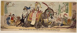 Die Probe oder der Baron und der Elefant, satirischer Druck über Kembles aufwendige Produktionen im Covent Garden Theatre mit Tieren