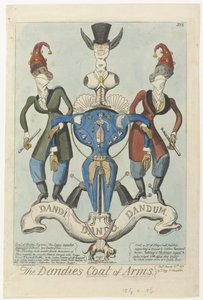 Zwei angekleidete Affen halten eine Waffe in Form einer Schaufensterpuppe The Dandies Coat of Arms (Titel auf dem Objekt) von George Cruikshank