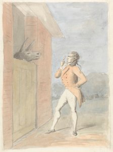 Ein Dandy, der einen Maultierkopf über einer Stalltür betrachtet von George Dance
