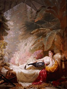 Porträt von Adelaide Maria Guinness, auf einem Sofa in einem Wintergarten liegend, 1885