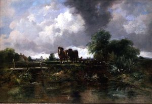 Bewaldete Flusslandschaft mit Pferden, die eine Schleuse bedienen von George Frederic Watts
