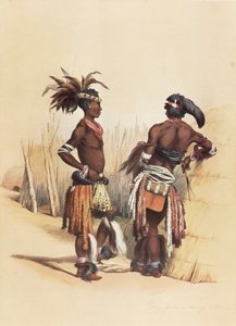 Zwei junge Zulu-Männer in lebhafter traditioneller Kleidung