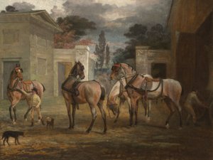 Vier Rappen-Kutschpferde mit zwei Stallknechten, 1792 von George Garrard
