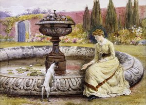 Eine Dame und ein Hund neben einem Zierteich von George Goodwin Kilburne