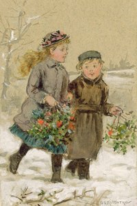 Kinder spielen im Schnee - Sammeln von Stechpalmen