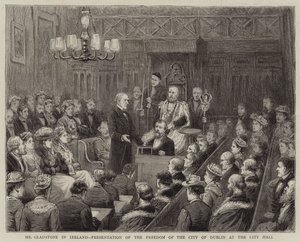 Mr. Gladstone in Irland, Verleihung der Ehrenbürgerschaft der Stadt Dublin im Rathaus von George Goodwin Kilburne