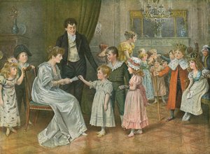 Zwölfte Nacht: Die Kinderparty. Ziehen von Losen für Zwölfte-Nacht-Charaktere von George Goodwin Kilburne