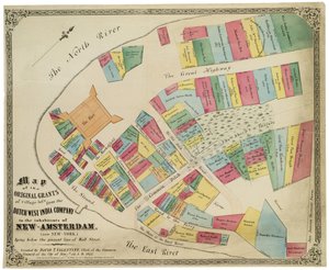 Karte der ursprünglichen Zuteilungen von Dorflosen durch die Niederländische Westindien-Kompanie an die Bewohner von Neu-Amsterdam (heute New York) unterhalb der heutigen Wall Street, 1857
