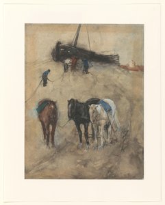Pferde am Strand, im Hintergrund ein Boot und Fischer von George Hendrik Breitner