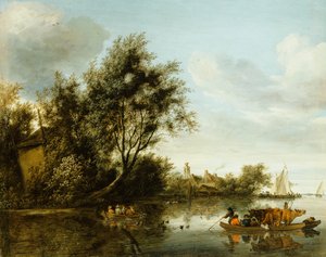 Eine Flusslandschaft mit einem Heuboden zwischen Bäumen und einer Fähre mit Passagieren und Vieh