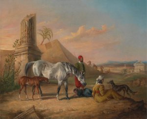 Graue arabische Stute und Fohlen mit einer Familie von George Henry Laporte