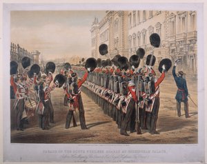 Parade der Scots Fusilier Guards am Buckingham Palace am Morgen ihrer Abreise zum Kriegsschauplatz, 2. März 1854, graviert von E. Walker, veröffentlicht von Colnaghi und Co., 1854 von George Housman Thomas