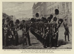 Die Scotch Fusilier Guards paradieren vor Ihrer Majestät der Königin und dem Prinzgemahl am Morgen ihrer Einschiffung für die Krim, 28. Februar 1854 von George Housman Thomas